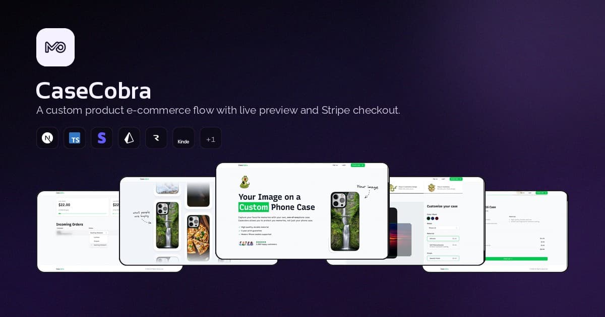 Custom product builder with live preview and checkout screens.