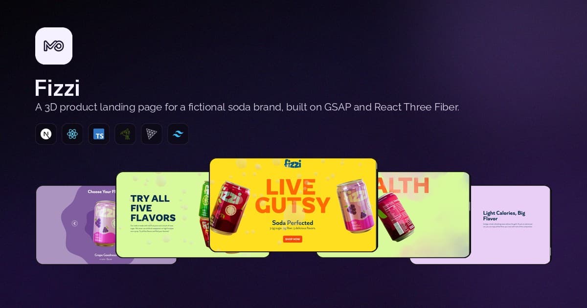 Interactive soda product experience with 3D product visuals and animated layouts.