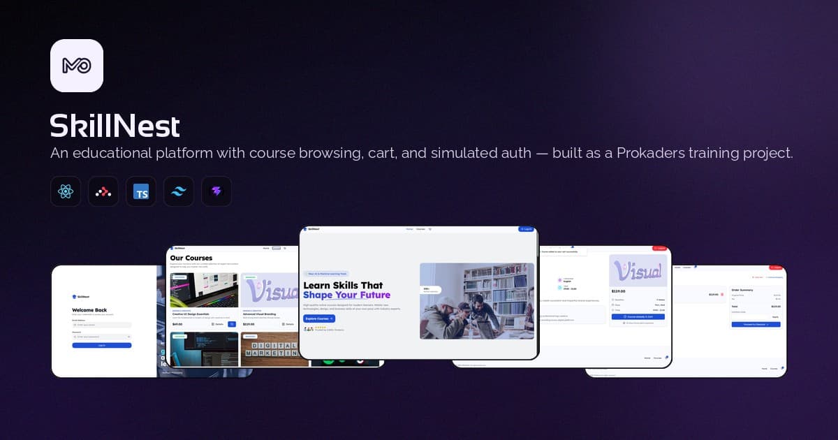 Course browsing, learning content, and shopping cart interfaces for an online education platform.